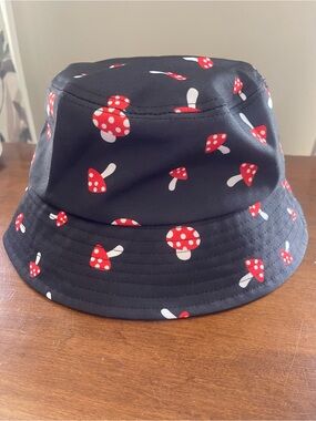 Black Bucket Hat with Red Mushroom Print